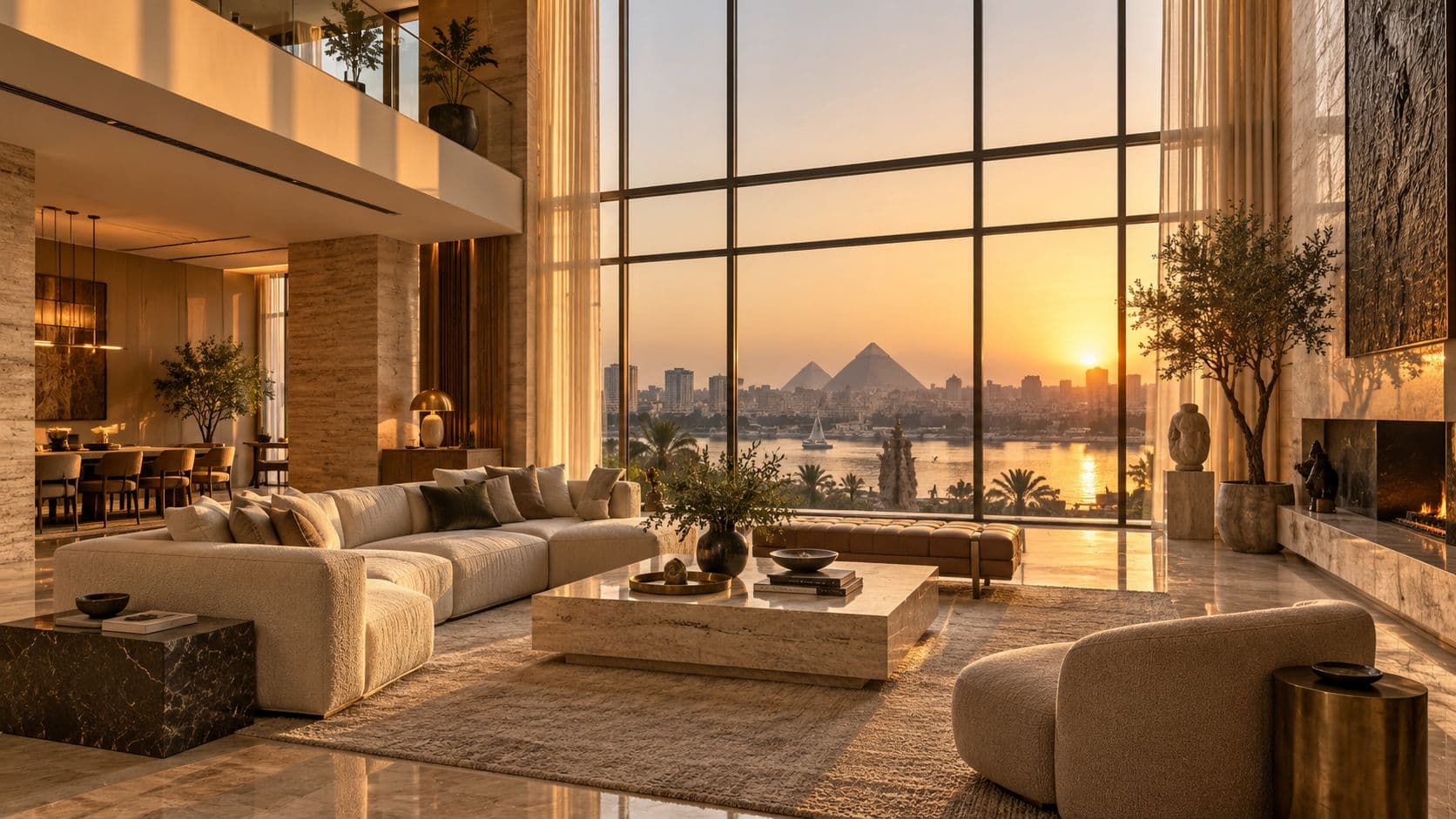 Living room at sunset overlooking the Nile and the pyramids